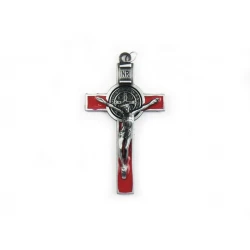Krzyż metalowy z medalem Św.Benedykta 7 cm.Czerwony